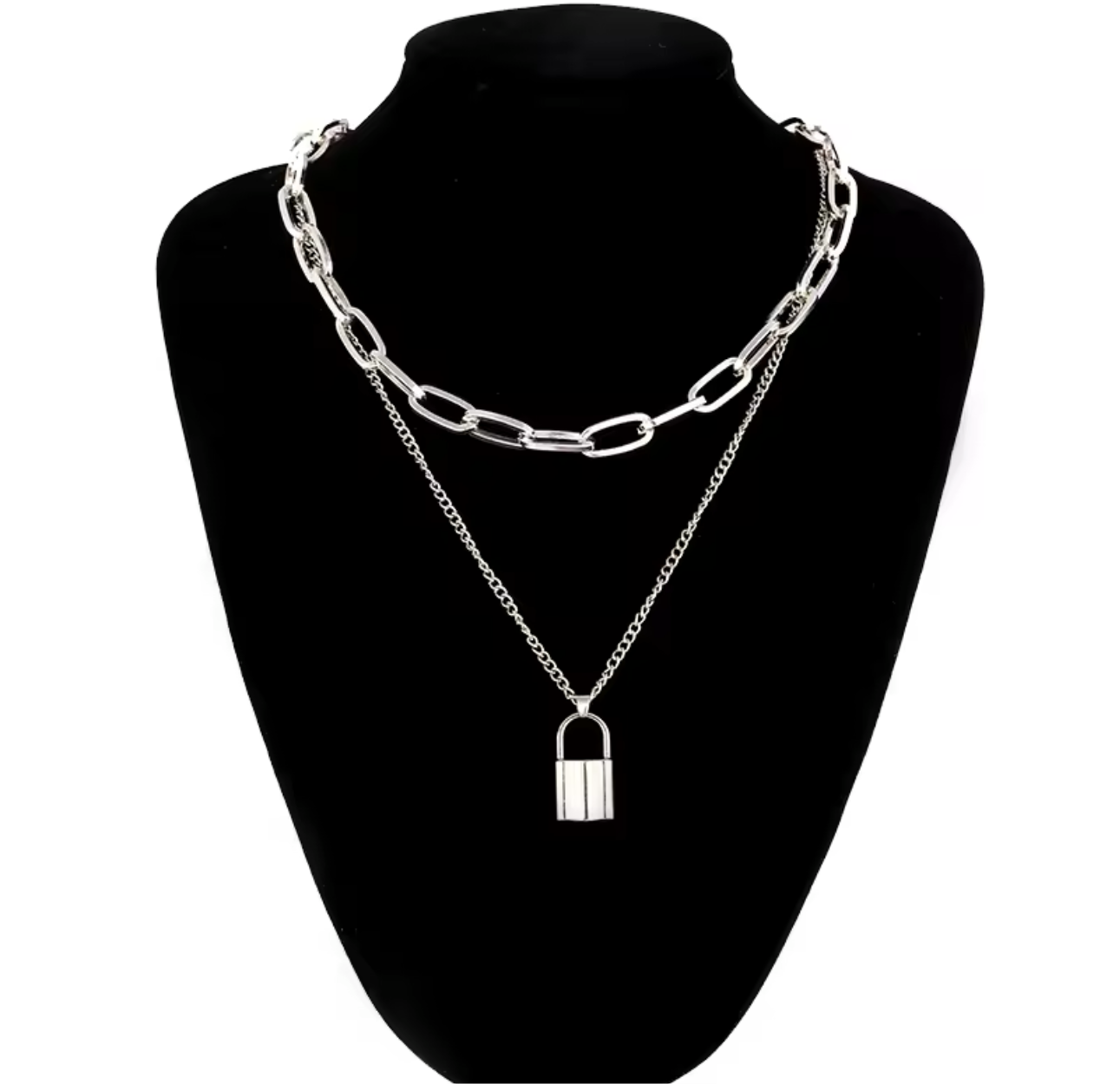 Layered Chain Necklace with Padlock Charm