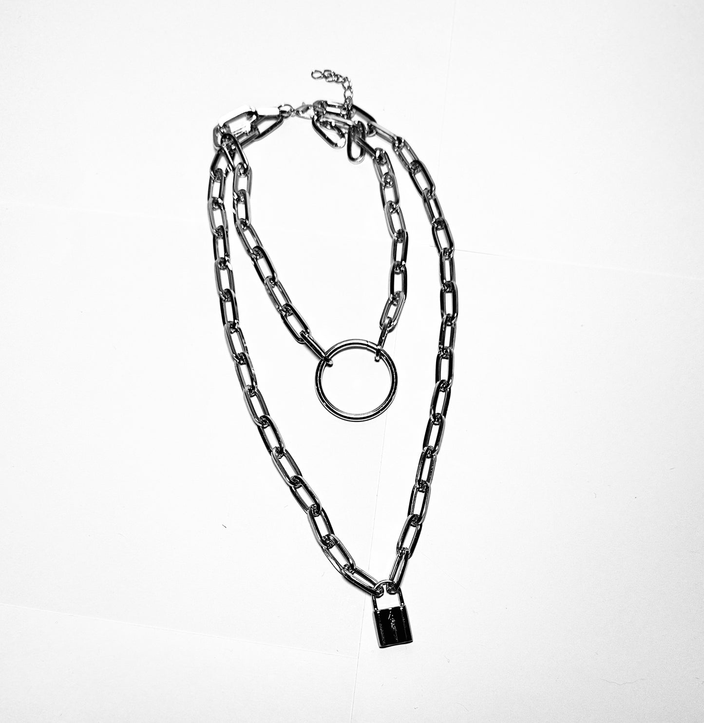 Layered circle Chain Necklace with Padlock Charm